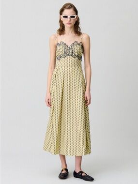 Yellow Printed Midi Dress with Black Lace Bodice